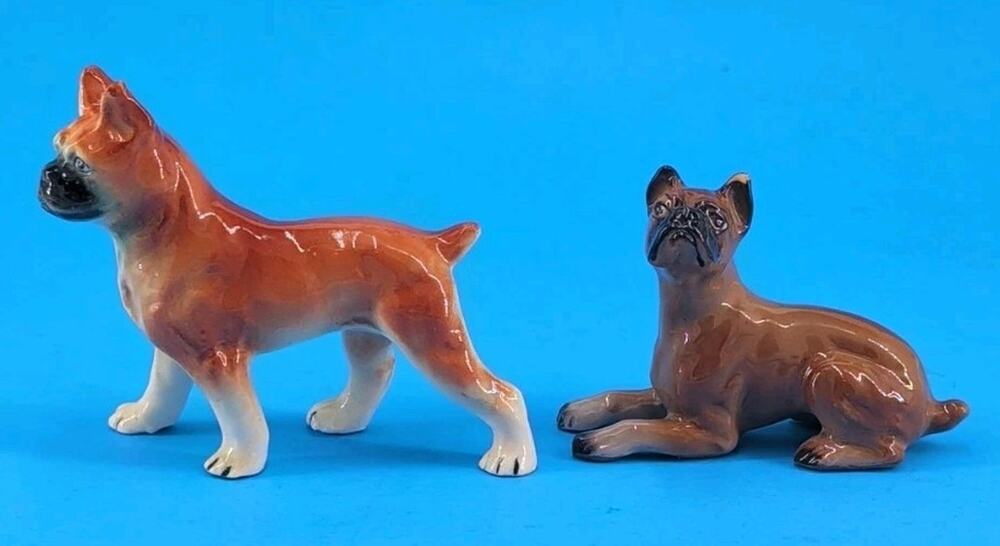VINTAGE Ceramic Porcelain Boxer Dog Figurines Pair Brown White Fawn Glazed MCM
